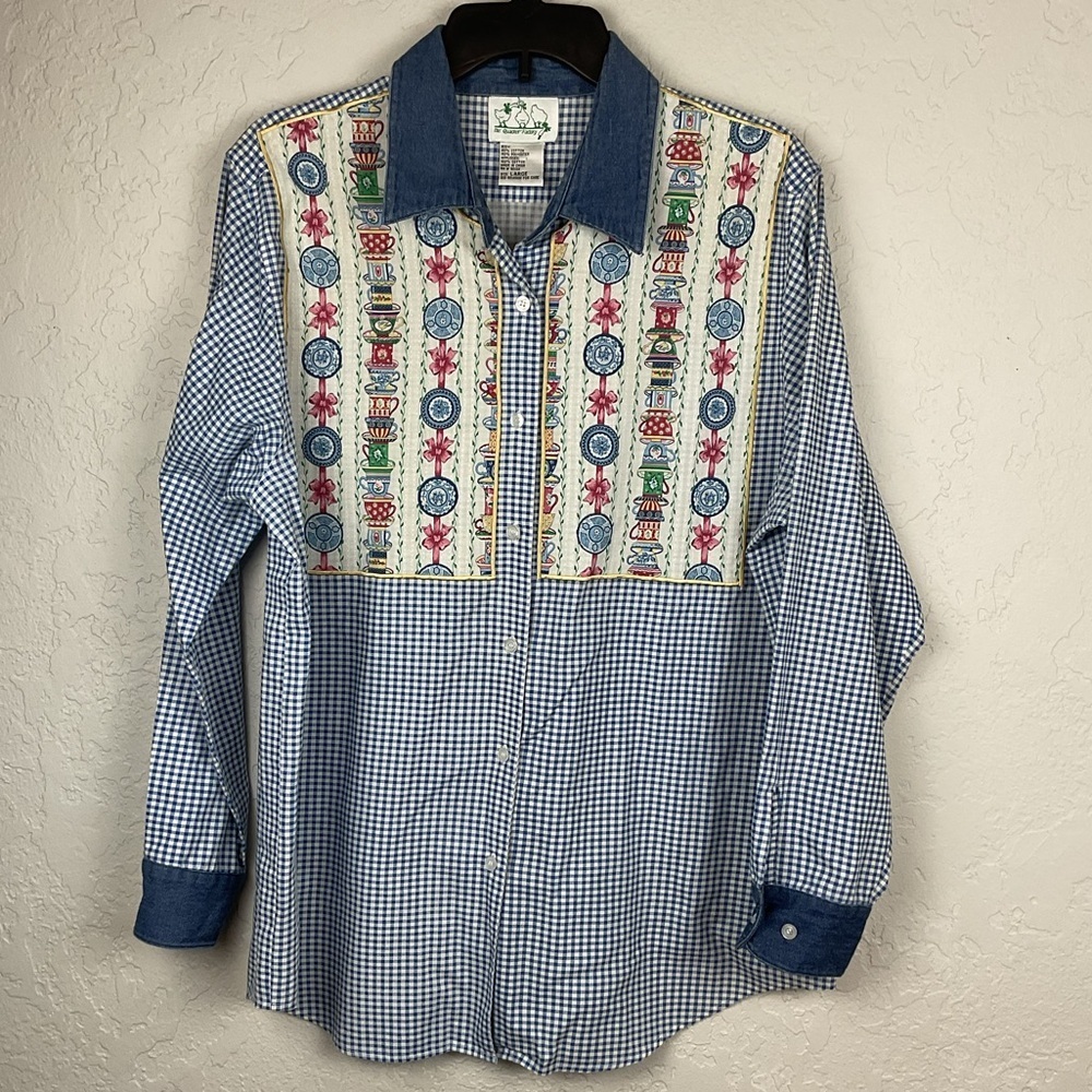 Women’s Quacker Factory Blue White Gingham Button Down Long Sleeve Top Sz Lg